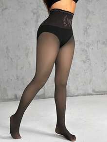 ChicMe 女士保暖加绒高腰提臀收腹透明打底裤保暖连裤袜休闲日常穿着 - 黑與白 - 查看 4