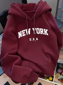 Sudadera con capucha para mujer con el diseño estampado <<NEW YORK», corte holgado e informal, bolsillo canguro y capucha con cordón. - Burdeos - Ver 1