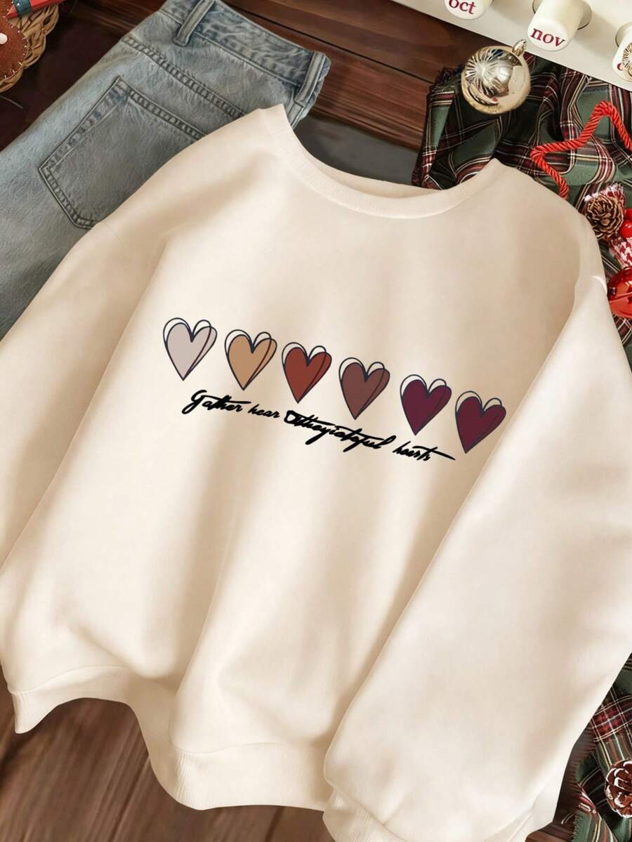 Casual Crew Neck Sweatshirt For Girls, Colorful Heart Pattern And "Be Kind" Print, Long Sleeve Pullover, Suitable For Spring And Autumn, Machine Washable, Cute Style, Suitable For School, Vacation And Shopping - Apricot - View 1