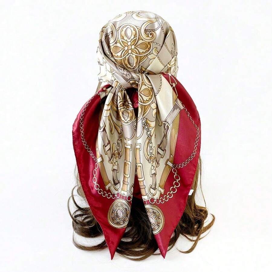 Head Scarf 90cm Silk Scarf, Classic Chain Printed Silk Scarf, Printed Square Scarf, Silk Scarf, Smooth Fabric, Headscarf, Binding Bag, Decorative Silk Scarf And Scarf Suitable For Daily Use - D9074-葡萄酒紅 - 查看 1