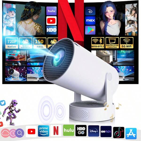 Projecteur mini portable 720P natif WiFi 6 Bluetooth 5.2 E300PRO, projecteur vidéo domestique 2024 amélioré avec prise en charge 4K, écran 100", compatible avec /Android/Smartphone/TV Stick/Fire Stick/PC/Portable pour la diffusion en continu, utilisation intérieure et extérieure pour le camping, les fêtes de jardin et l'arrière-cour