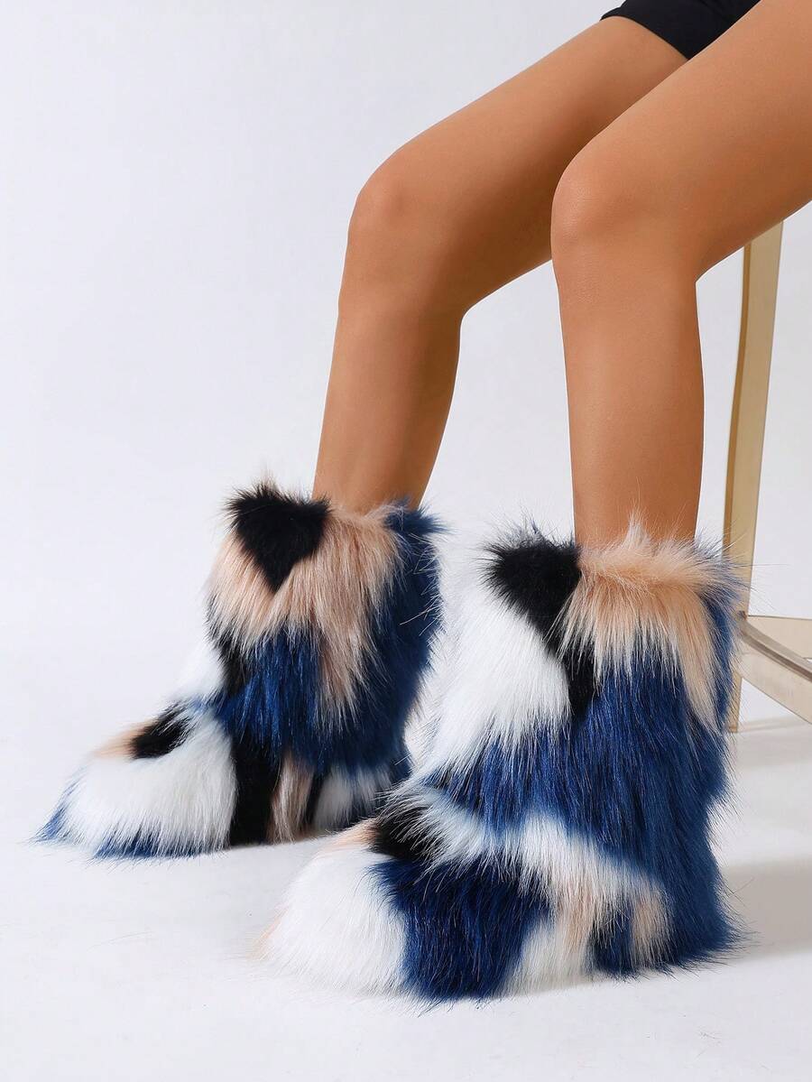 New Plush Ankle Boots, Warm Faux Thermal Lined Mid-Calf Boots, Fashionable & Cute Snow Boots For Winter - White and Blue Blocks - View 1