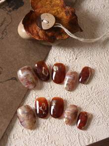 10pcs Acrylic Press-On Nails, Brown Color, Amber Gold Short Artificial Nails Set, Includes 1 Adhesive Sticker Sheet And 1 Mini Nail File Handmade Press On Nails - Multicolor - View 1