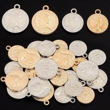 50pcs/100pcs/Pack Vintage Brass Female Head Pendants, Gold Round Shape Retro Style Charms For Necklace Bracelet DIY Jewelry Accessories