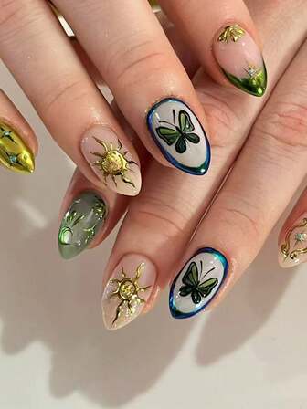 30pcs Handmade 3D Shiny Cat Eye Fake Nails, Gold Sparkling Diamond Star Moon French Design With Butterfly, Fashionable & Versatile, 15 Sizes, Reusable, Suitable For Women Daily, Festival, Party, Salon Nail Decoration, Can Be Used As Women Gift