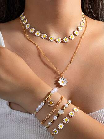 6件套乡村花卉项链手链套装，珐琅雏菊吊坠搭配CCB仿珍珠混搭饰品，适合日常、度假和通勤佩戴。