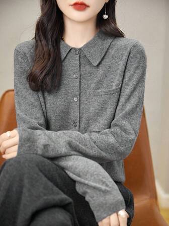 女款休閒純色襯領長袖薄款輕柔100%羊毛開衫，秋冬季