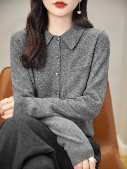 女士高级100%羊毛开衫，休闲纯色翻领长袖轻盈柔软100%羊毛衫，春秋季