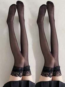 2 双女士蕾丝边性感透明大腿长筒袜，夏季薄款暖腿袜