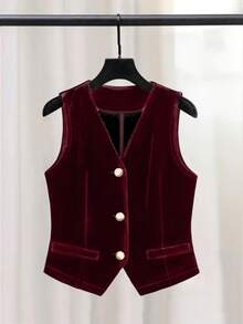 Women's Elegant Sleeveless Velvet Blazer Jacket, Suitable For Commuting, Autumn/Winter - Burgundy - View 3