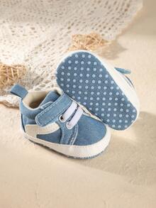 0-3-5个月新生儿男婴休闲拼接平底鞋，可爱百搭，适合室内穿着，春秋季适用。 - 藍色 - 查看 2