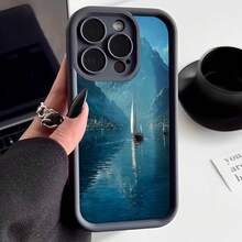 Cubierta de teléfono con borde negro diseño paisaje lacustre con barco y montañas azul profundo para uso diario y viajes - Café integral - Ver 3