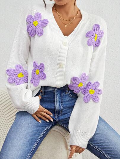 Women's Fashionable Romantic Floral Cardigan, Long Sleeve, Winter