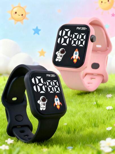 2pcs Kids Square Electronic Watch With Rocket & Astronaut Pattern, LED Display, TPU Material, Casual Sports Square Electronic Watch Suitable For Daily Life, Back To School Gift