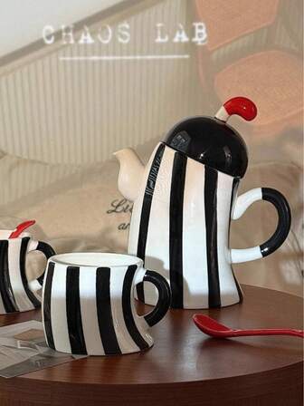 3pcs/Set Ceramic Teapot & Mug Set, Minimalist Black & White Striped Ceramic Teapot & Coffee Mugs, Creative Twist Design, Suitable For Home Decor, Living Room Tea Table, Black Tea, Green Tea, Afternoon Tea, Housewarming Gift