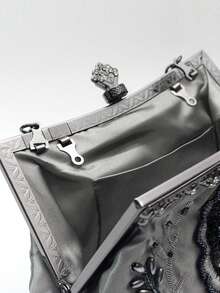 1件灰色玫瑰刺绣串珠亮片花卉装饰金属手柄复古1920年代优雅手拿包，适合女士新年、派对、婚礼、正式场合、舞会、母亲节、教师节、中式旗袍等场合。 - 灰色 - 查看 6