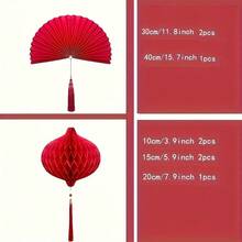 3个/5个装 悬挂流苏水滴蜂窝球和流苏纸扇装饰，适用于情人节、母亲节、周年纪念日、新年、生日、家庭聚会装饰（红色） - 彩色 - 查看 3