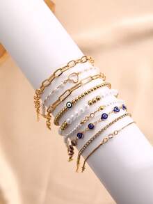 9pcs Elegant Faux Pearl & Crystal Heart, Evil Eye Bracelet Set, Fashion Jewelry Gift For Women, Suitable For Date, Party, Birthday, Holiday, Everyday Wear - Yellow Gold - View 8