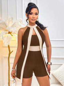 AIJ Bộ jumpsuit nữ thời trang gợi cảm, thanh lịch, phối màu tương phản, kiểu cổ yếm, thích hợp cho mùa hè. - màu nâu - Xem 5