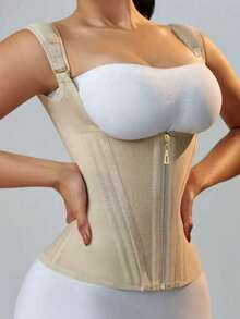 Corset modelator pentru femei | Bretele reglabile pentru umeri și suport cu țesătură osoasă | Lenjerie modelatoare cu compresie dublă, închidere cu fermoar | Material latex neted, negru, la modă | Vestă modelatoare pentru abdomen, îmbunătățește silueta și talia, articol vestimentar modelator | Etanșare sigură cu fermoar | Lenjerie modelatoare abdominală - Bej - Vizualizare 3