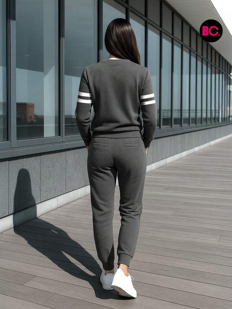 Big City conjunto para dama con sudadera y pants casual tipo jogger, ropa cómoda moderna y abrigadora, outfit femenino estilo urbano en colores negro y gris oxford ideal para invierno, casa o salidas informales - Gris Oscuro - Añade 3