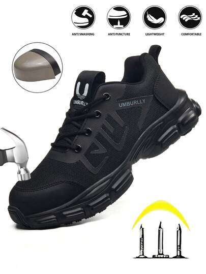 UMBURLLY 1 Pair Solid Color Sports Fabric Lace-Up Men's Safety Shoes, Outdoor All-Season Anti-Smash Anti-Puncture Work Shoes