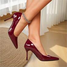 Women's Patent Leather Pointed Toe Stiletto Heels, Elegant High Heel Pumps For Formal Party Wedding Office Work, Daily Wear Dress Shoes For Ladies, Spring Summer Burgundy Red High Heels For Women - Màu Đỏ Sâu - Xem 2