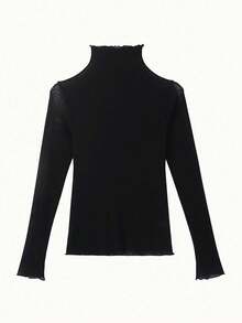 休闲生菜下摆透明高领无袖衬衫，适合春夏季 - 黑色 - 查看 3