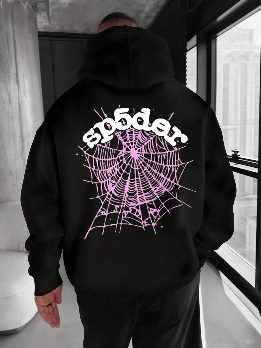 Men's Fleece-Lined Hoodie|Men's Patterned Hoodie|Intricate Black-White Spider Web With Graffiti Text|Comfortable And Warm|Ideal For Daily Casual And Halloween Wear + Men's Gift|Unisex|Made In USA|Domestic Shipping|Factory Direct - 黑色 - 查看 1