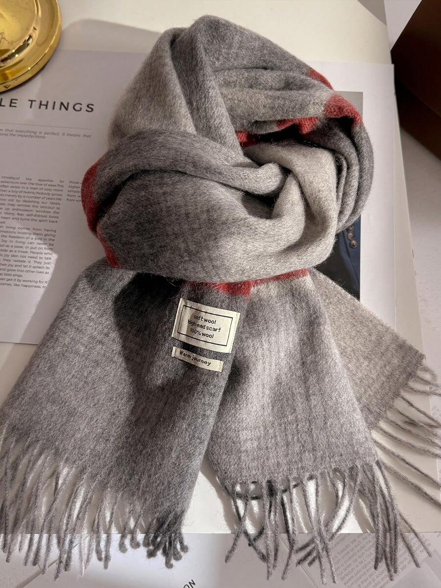 100% Wool Plaid Scarf, Versatile British Style Colorblock Warm Shawl Wrap, Winter - Gray-red Grid - View 1