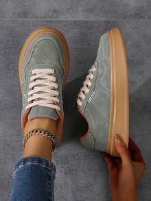 Giày thể thao nữ thời trang, giày đế bệt buộc dây nhẹ, giày thể thao cổ thấp đa năng cho nữ - xanh quân đội - Xem 2