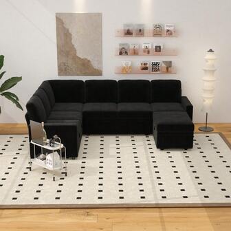 Modular Sectional Couch, 5/7 Seats L Shaped Couch With Storage, Modern Chenille Sofa Set With Pull Out Bed For Living Room, Office,Black