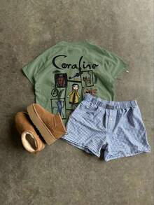 女式夏季卡通和口号图案圆领短袖 T 恤，休闲宽松百搭假日风格绿色上衣，时尚夏季服装适合日常假日穿着，卡罗琳和幽灵图案 - 草綠色 - 查看 6