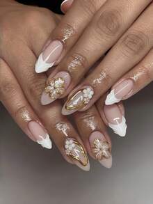 24 Pieces Per Set, Classic White French Floral Design, High Cost-Performance Personalized And Fashionable Artificial Nails, French Floral Almond-Shaped Design, 3D Water Diamond Metal Bead Decoration, Suitable For Ladies And Girls, Perfect For Parties, Dates And Vacations. Including Nail Care Tools. Change The Shape Of The Nails. Nail Care Products. Nail Art Tools. A Beginner In Manicure - 白色JP4089 - 查看 1