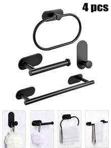 4pcs/set Estantes adhesivos para toallas para pared de baño, soporte para toallas para cocina, baño y lavandería de acero inoxidable, anillo para toallas de mano, soporte para paños de cocina sin taladrar, colgadores de toallas de gran resistencia, barra para toallas de mano/rostro, ganchos, organizadores de almacenamiento de baño, accesorios de ferretería - Negro - Ver 1
