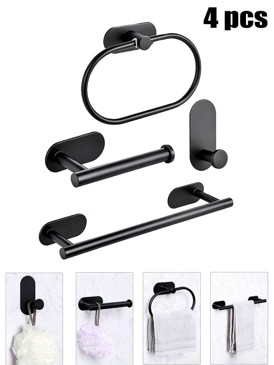 4pcs/set Estantes adhesivos para toallas para pared de baño, soporte para toallas para cocina, baño y lavandería de acero inoxidable, anillo para toallas de mano, soporte para paños de cocina sin taladrar, colgadores de toallas de gran resistencia, barra para toallas de mano/rostro, ganchos, organizadores de almacenamiento de baño, accesorios de ferretería - Negro - Ver 1