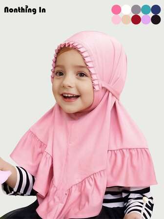 1pc High Quality Elastane 2-6years Cute Flounce Hijab Kids Black Easy-Use Headscarf Children Ruffle Edges Handcap Hijab For Outdoor Activities Daily Use