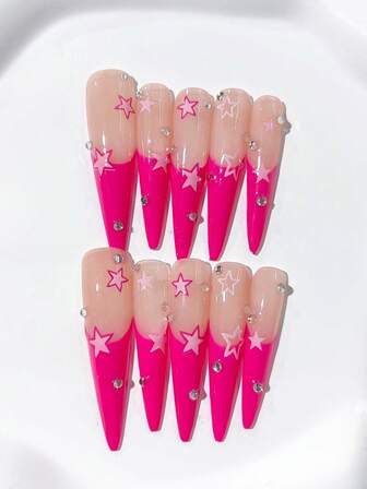 10片Y2K可爱超长尖头粉色星星酷女孩法式手工按压式美甲贴片，粉色星星图案，饰以白色钻石；美甲用品，DIY美甲按压式美甲贴片，美甲艺术亚克力假指甲；适合节日、派对、日常佩戴；包含1张果冻胶和1个迷你指甲锉。