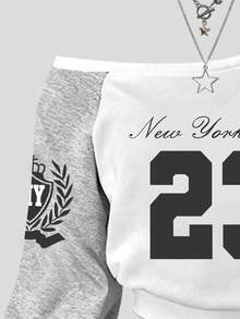 少女数字印花斜肩卫衣和运动裤套装 - 灰色 - 查看 3