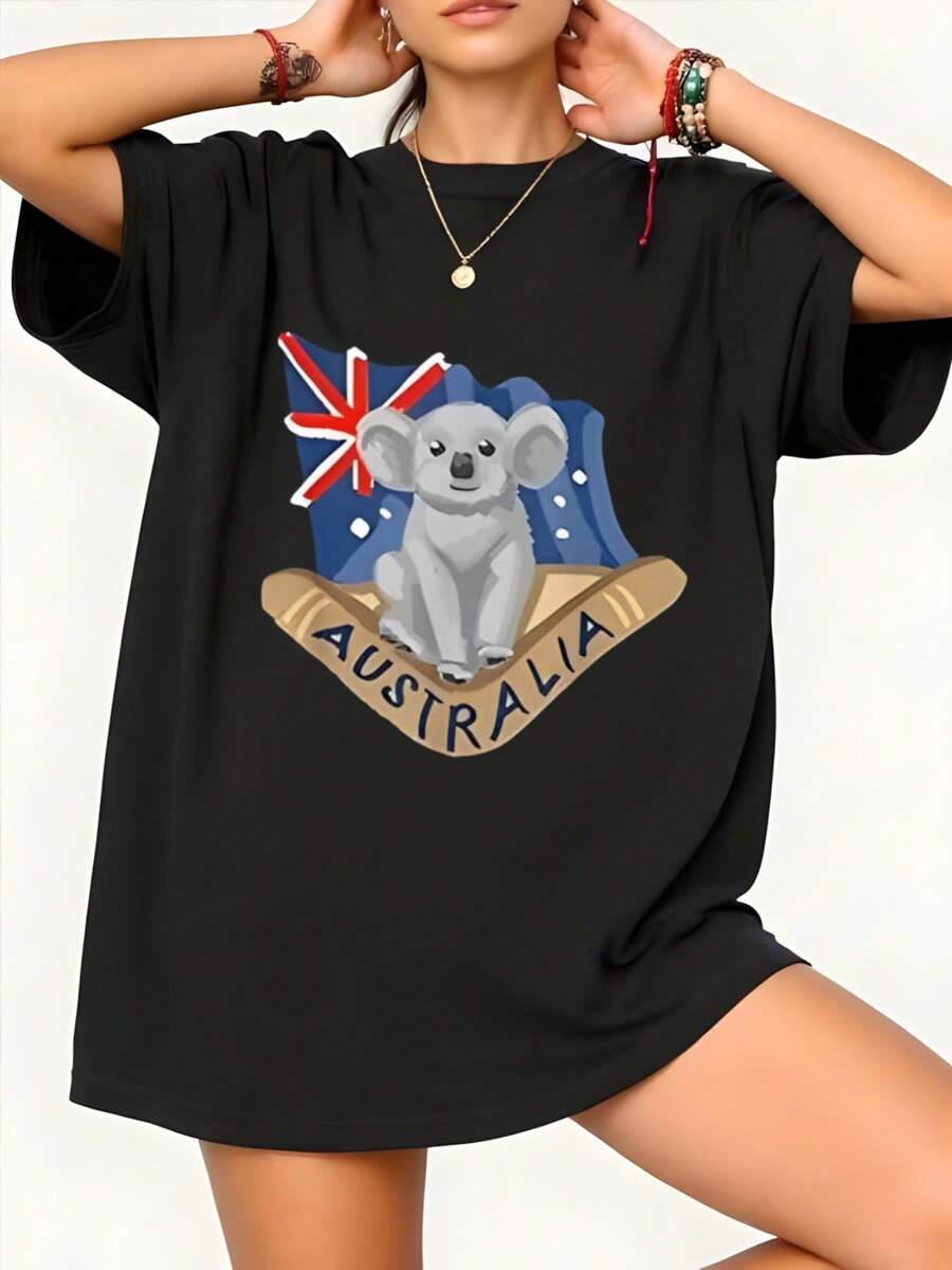 Australia Koala Flag Graphic Oversized Tee,Print Round Neck Short Sleeve Pure Cotton Tops Casual Versatile T-Shirt For Women,220 Grams Heavyweight Cotton Printed T-Shirt,Summer Outfit - Black - View 1