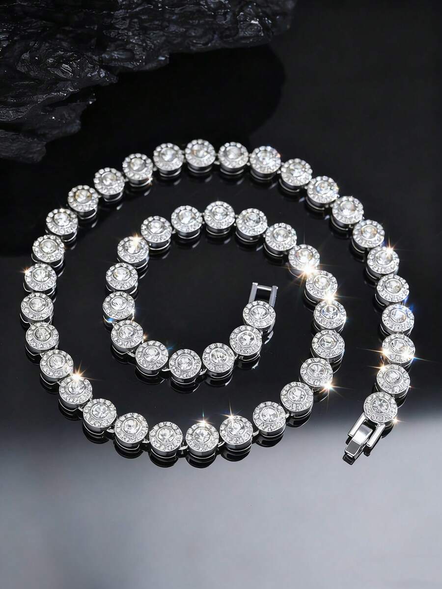 1 pieza Collar de cadena unisex de estilo hip hop con un brillante círculo de rhinestones, joyería elegante para fiestas, uso diario, excelente regalo de Año Nuevo, resalta el atuendo