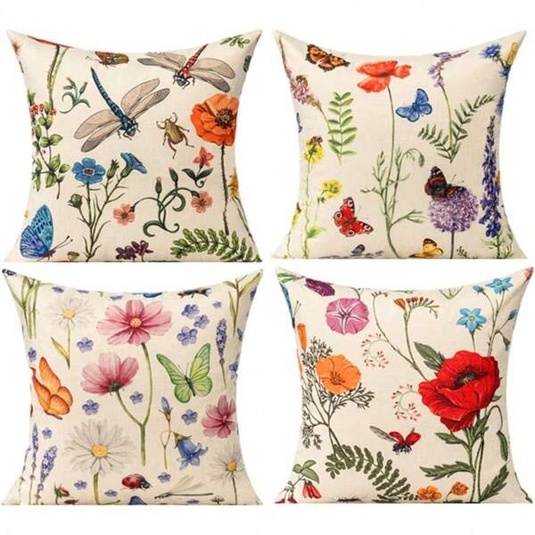 Bench Pillows Outdoor Patio Cushion Garden Spring Flowers Throw Pillow Cases Summer Farmhouse Home Decor Linen Cushion Covers 18" X 18" Set Of 4 For SofaButterfly Dragonfly Ladybug.