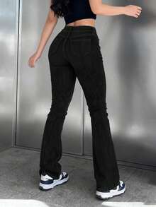 Pantalones vaqueros con bolsillo con cremallera y botón de unicolor, elegantes y prácticos para el uso diario y el transporte de la mujer