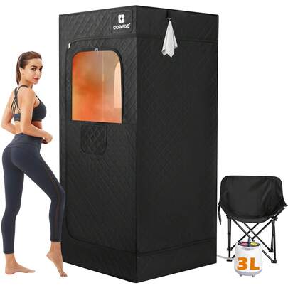 COSVALVE Portable Steam Sauna Box With Red Light For Home With 1200W 3L Steamer, Comfort Folding Chair, Indoor At Home Sauna Tent, Personal Steam Room For Relaxation, 2.6' X 2.6' X 5.9', Black