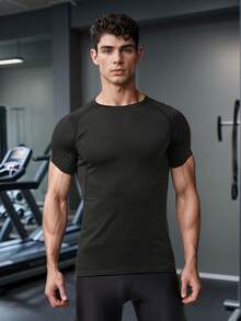 3pcs Men's Compression Short Sleeve Shirts, Breathable Quick Dry Base Layer Tight Fit Sports T-Shirts, High Elastic Solid Color Crew Neck Tops, Suitable For Gym, Running, Casual And Outdoor Activities Black Summer - Black - View 4