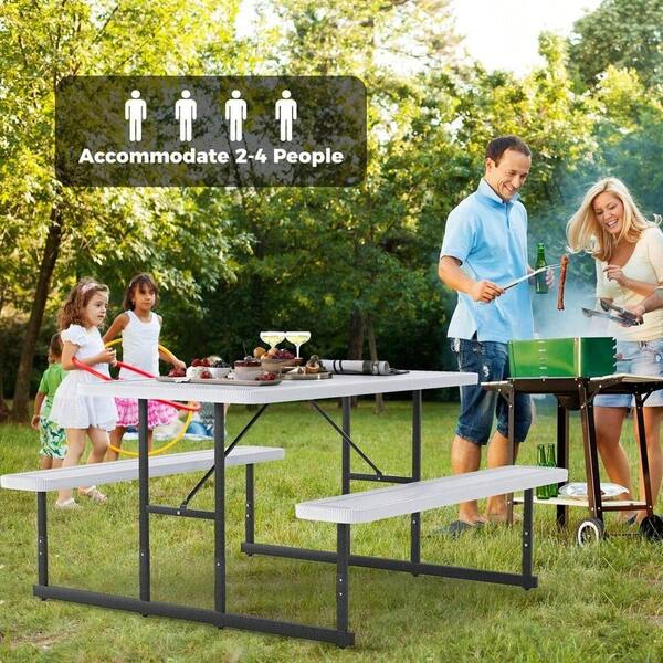 Picnic Table Bench Set For 2-4 People, Outdoor Rectangular Camping Dining Table &Amp; 2 Benches W/Umbrella Hole, All-W...