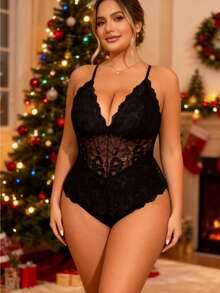 1pc Plus Size Women Lace Deep V Hollow Sexy Lingerie Jumpsuit