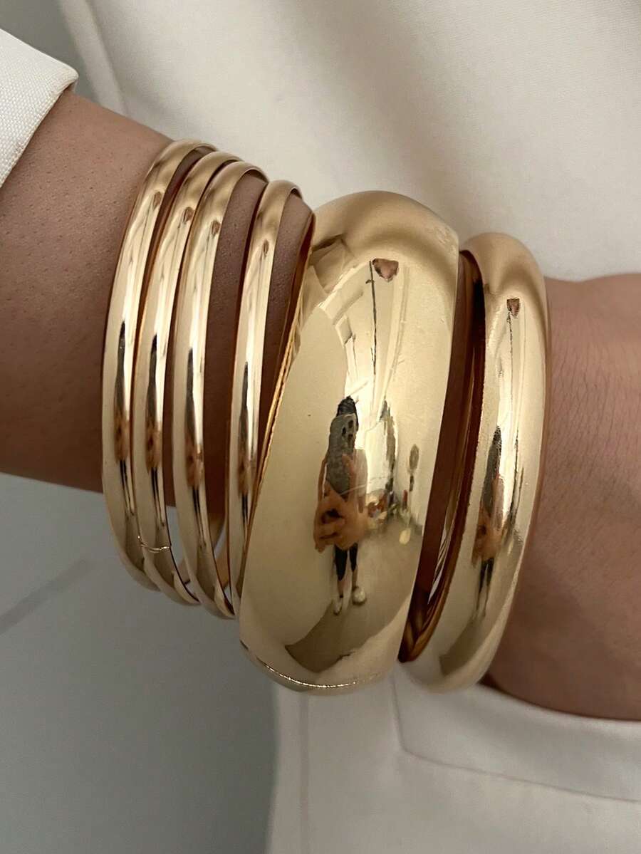 6pcs Vintage Elegant Wide Metal Bangle Set, Suitable For Daily Wear
