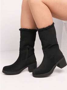 Mid Calf Winter Boots With Soft Lining And Block Heel - Black - View 3