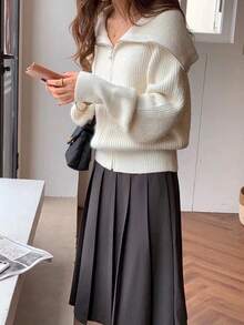 1 chiếc áo khoác cardigan nữ màu trơn, chất liệu giả len, có khóa kéo, phù hợp mặc ở nhà, hàng ngày, đi học, đi nghỉ mát, màu trắng mùa thu. - trắng - Xem 2